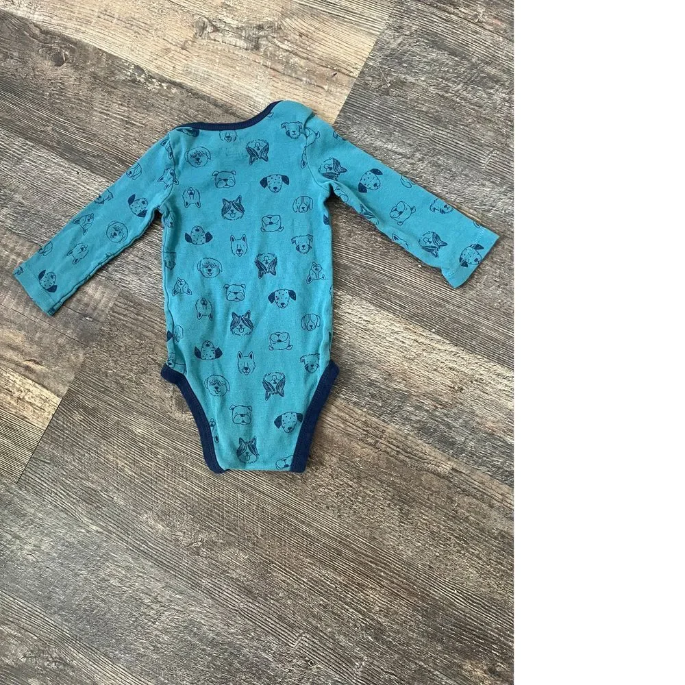 Adorable Turquoise Animal Print Long Sleeve Baby Bodysuit with Dog & Cat Pattern